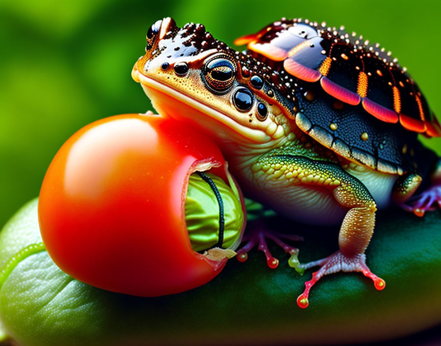 Colorful Frog Eating Cherry Tomato on Leaf