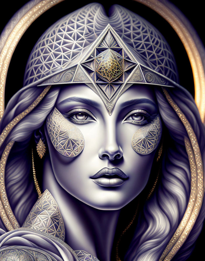 Detailed illustration of woman with silver hair and geometric face patterns