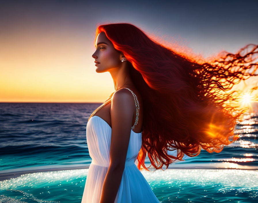 Red-haired woman in white dress admires sunset over calm ocean