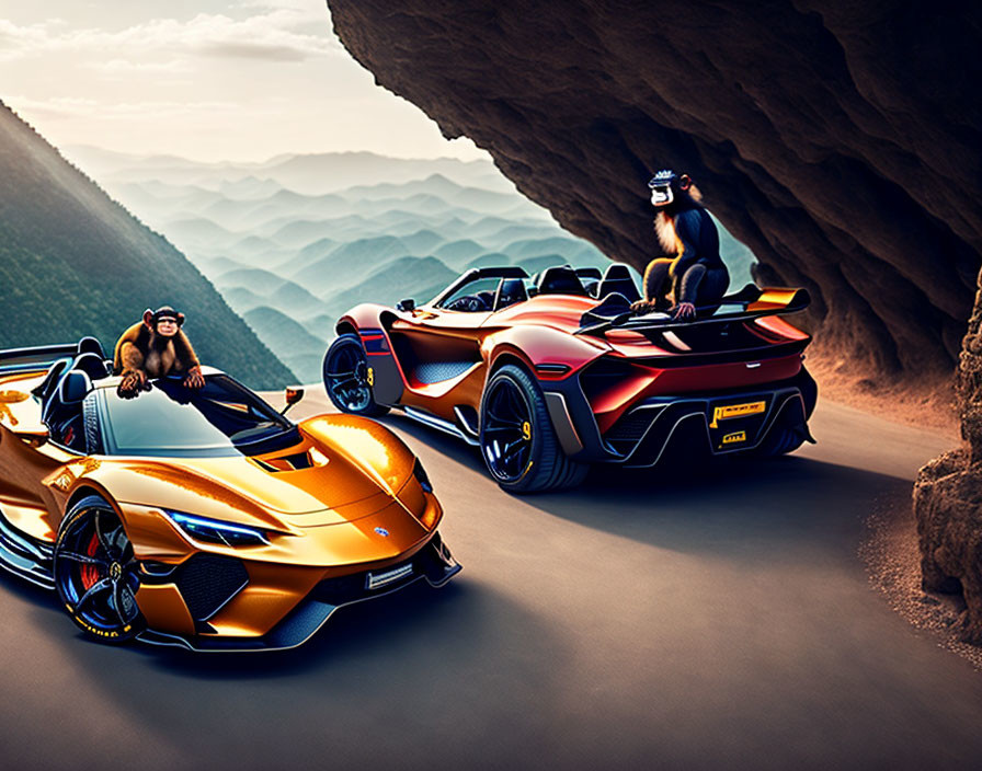 Two sports cars with drivers and ape-like figure on mountain road