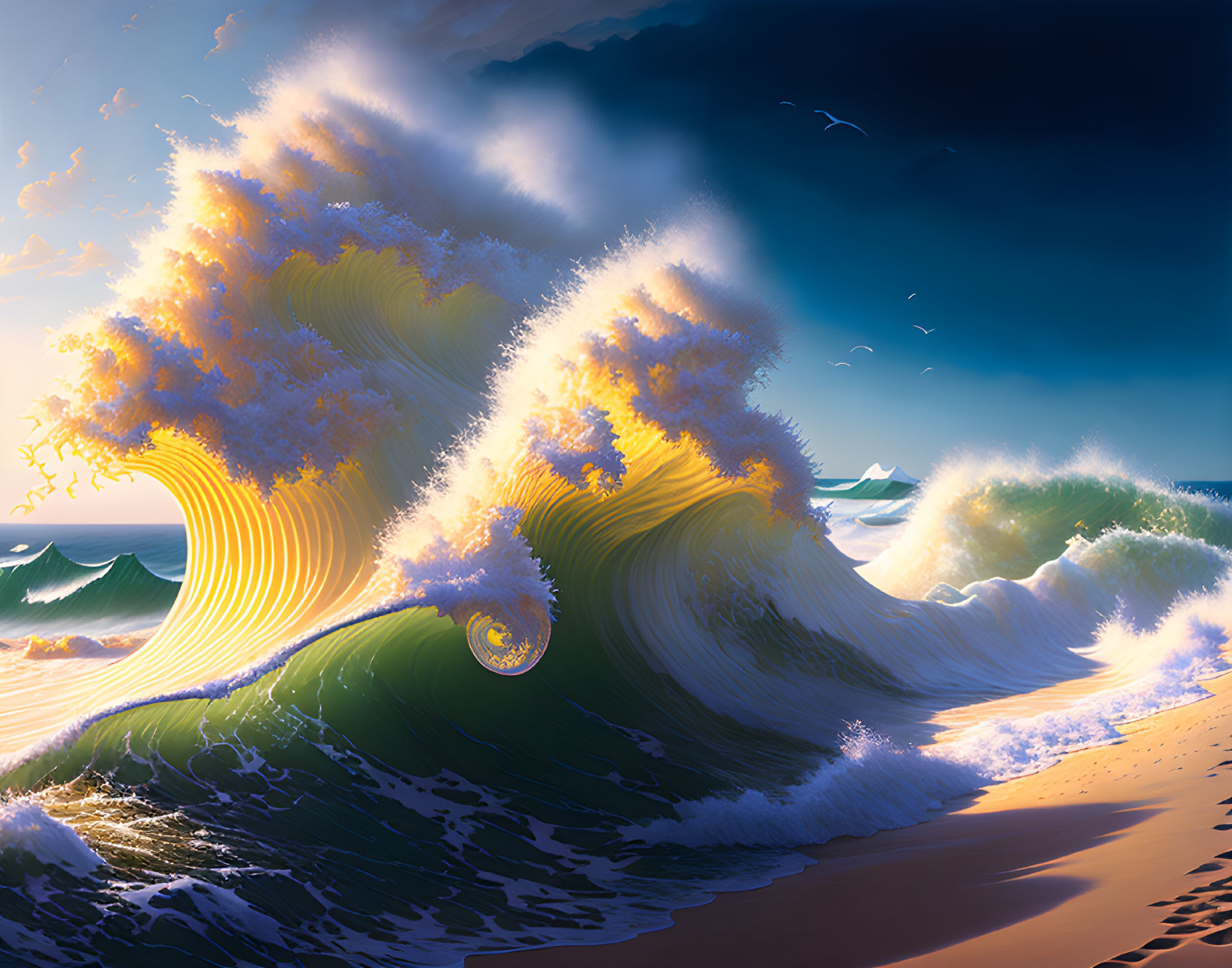 Dynamic ocean scene with golden sunlight, waves, and beach.