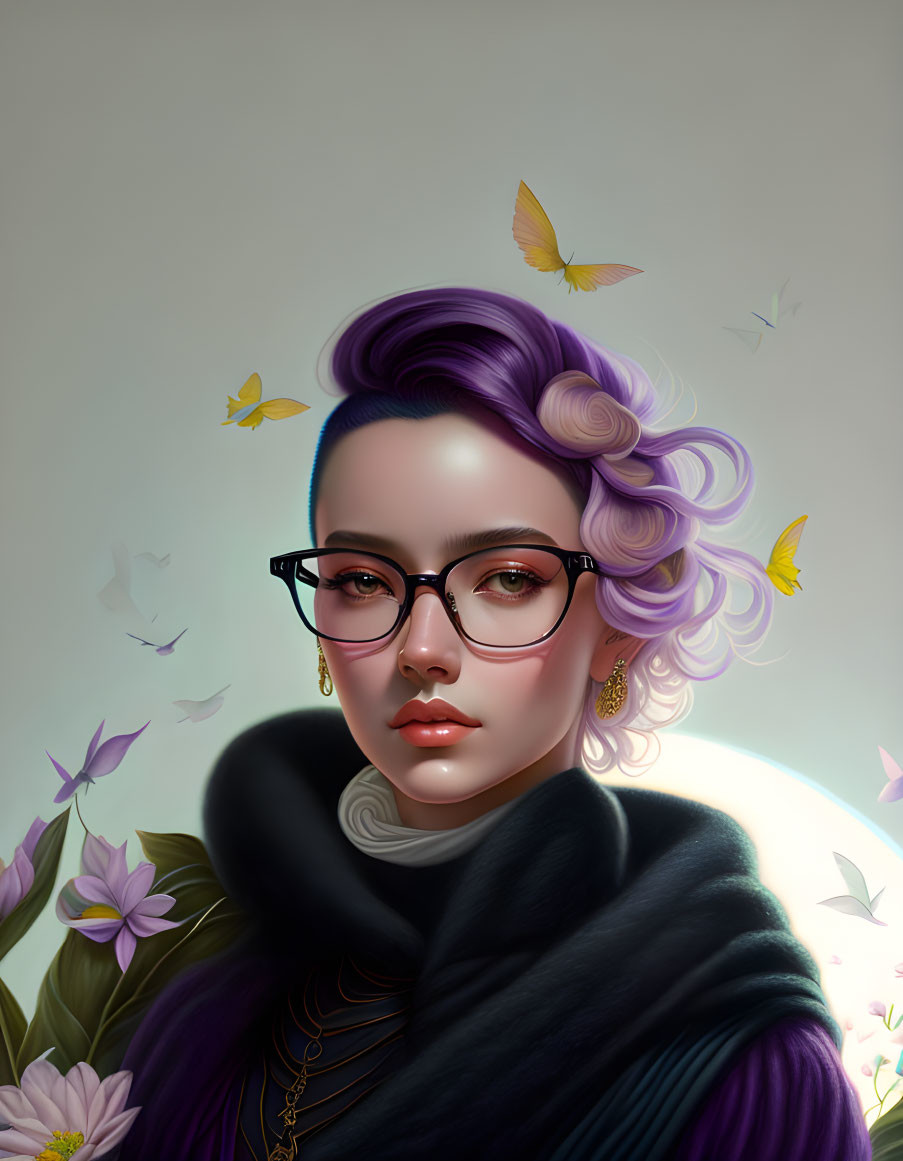 Portrait of Person with Purple Hair and Glasses Surrounded by Butterflies and Flowers