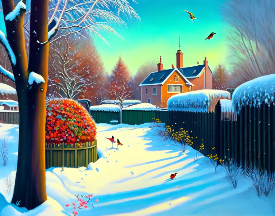 Vibrant winter backyard with snow, birds, house, trees, and bushes