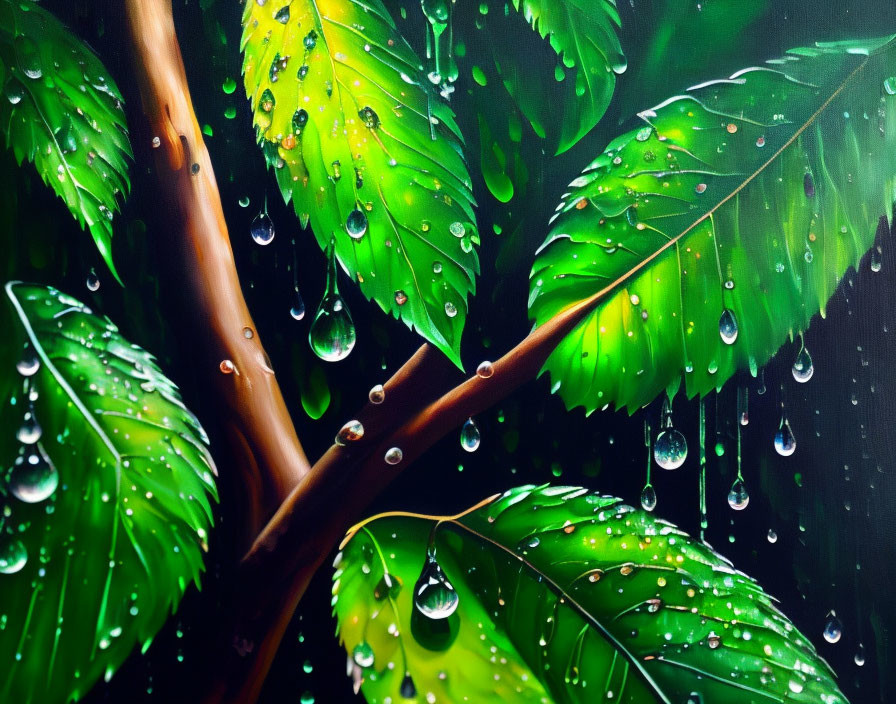 Fresh green leaves with water droplets on dark background showcasing vibrant details.