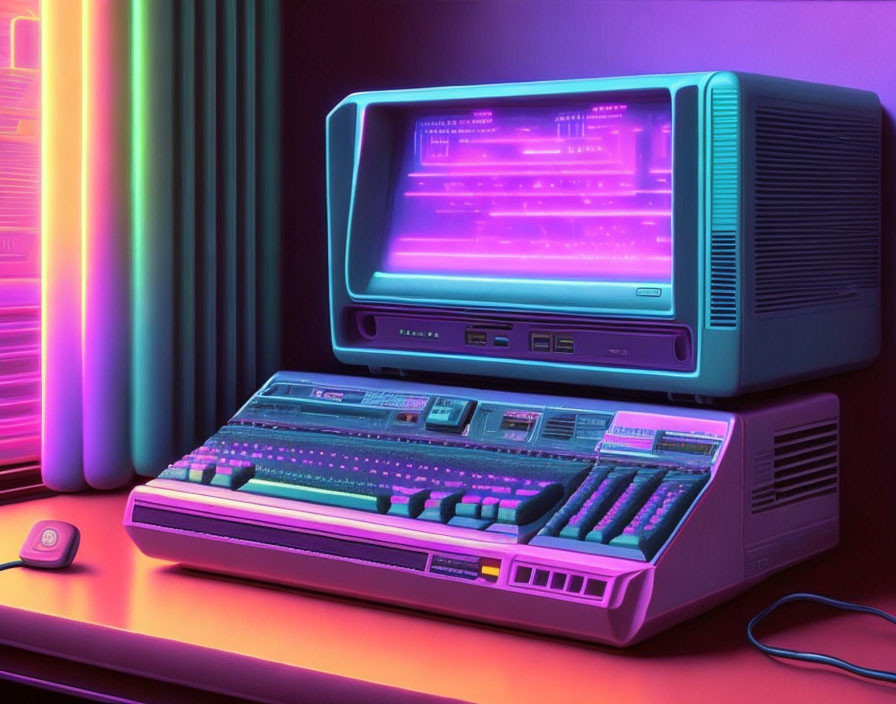 Retro-futuristic computer workspace with glowing screen and neon-lit keyboard