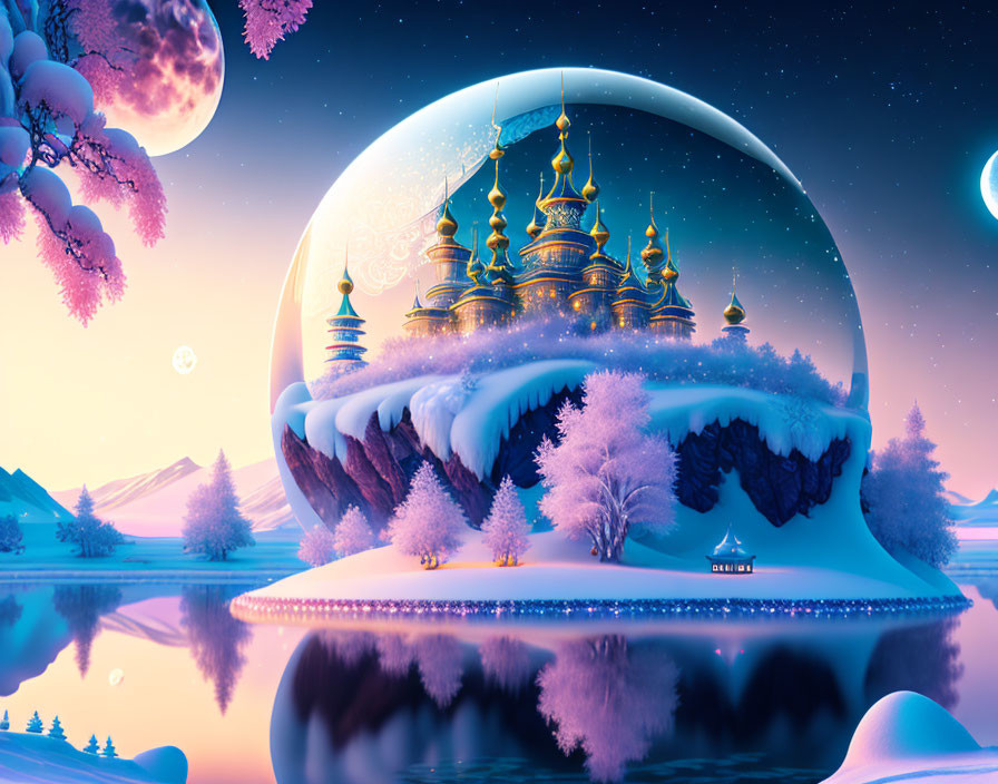 Fantastical winter landscape with floating island and onion-domed structures