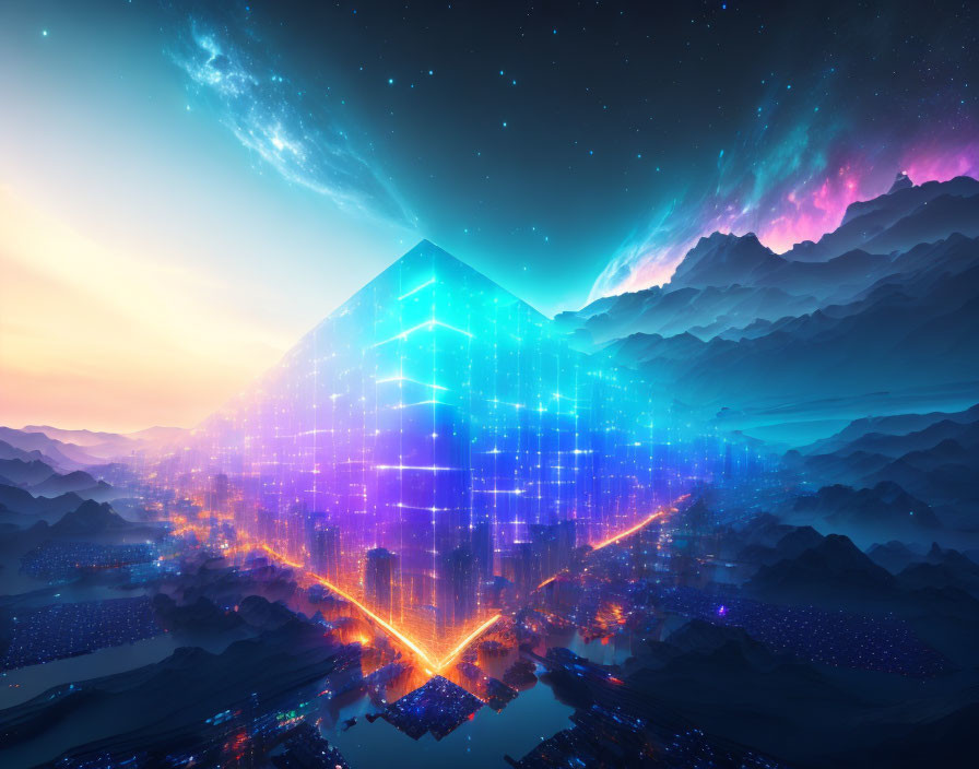 Futuristic pyramid glowing in blue and purple hues over mountain landscape