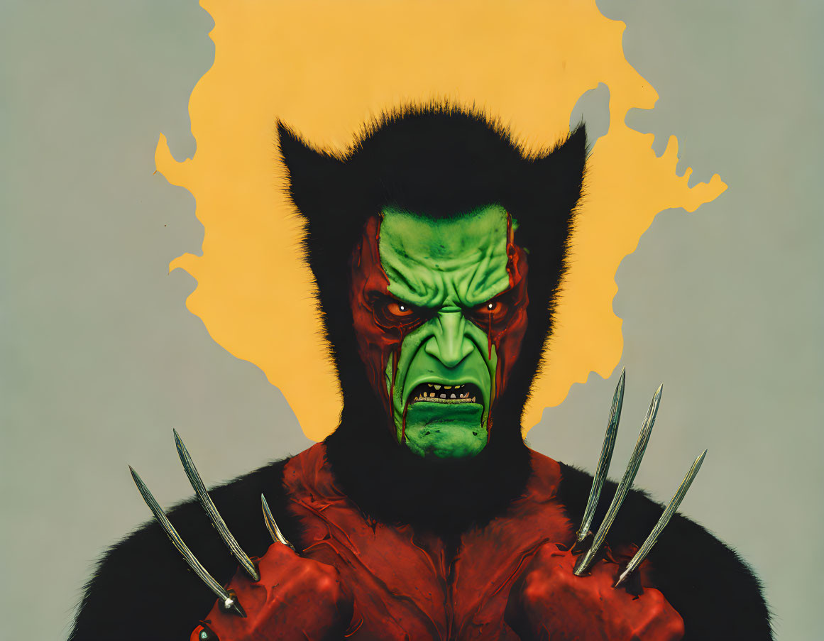 Green-skinned character with fangs and metal claws in fiery setting