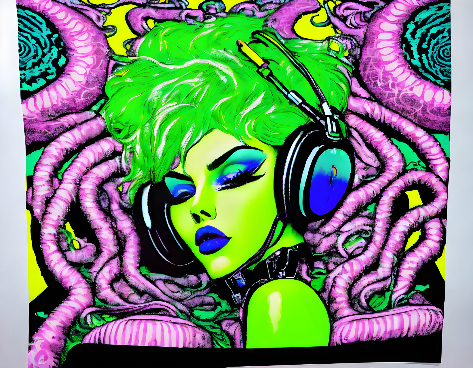 Colorful digital art featuring character with green skin and hair, headphones, makeup, on psychedelic background.