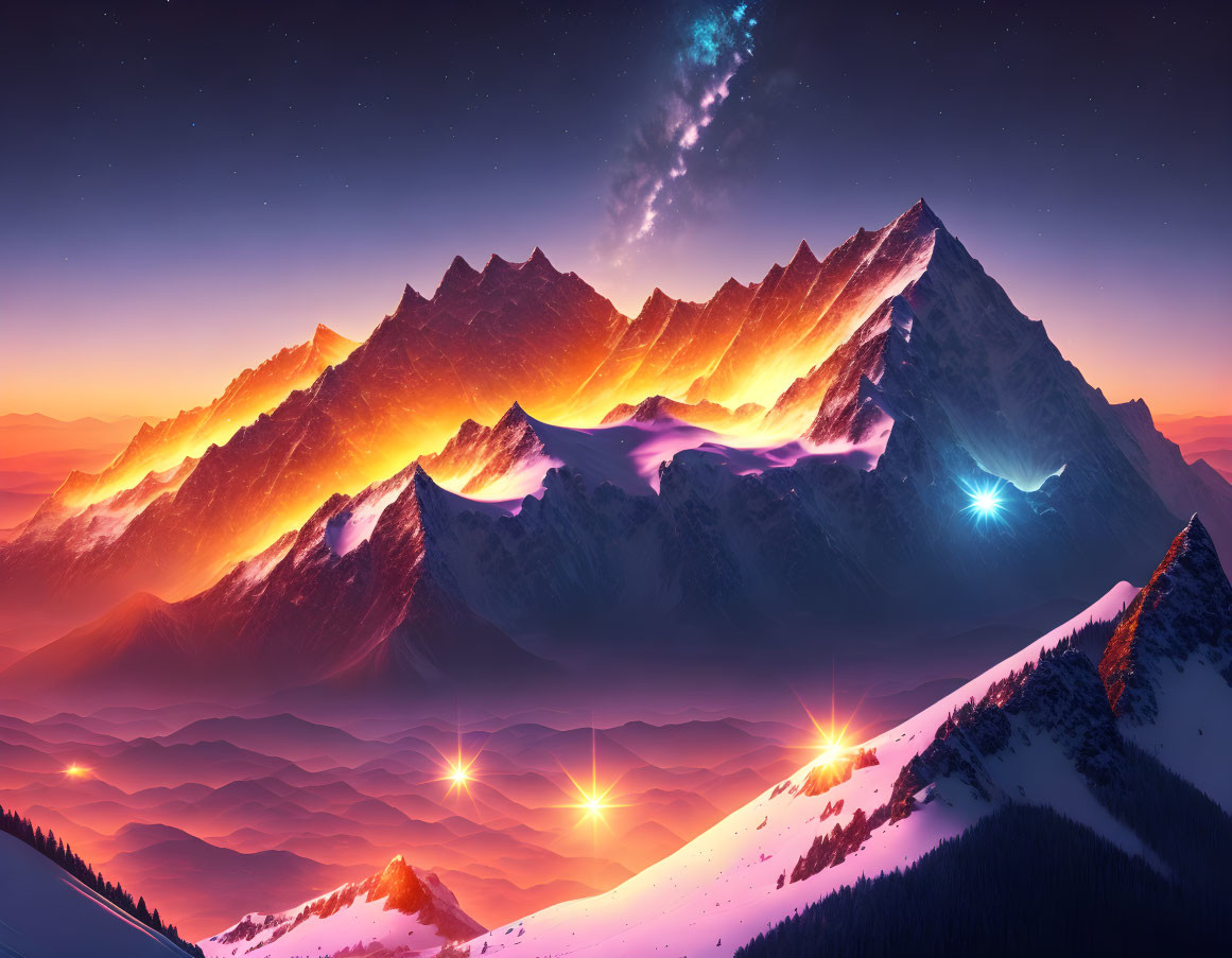 Colorful digital artwork: Mountain range, glowing sunset, starry sky, celestial effects