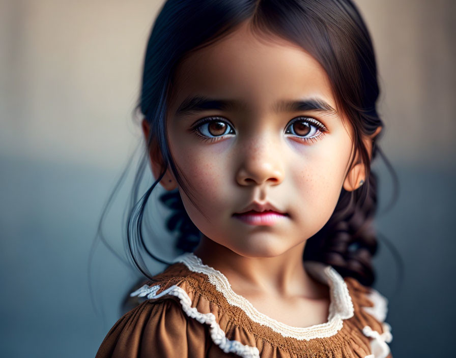 Young girl with large eyes and braided hair in brown dress against soft background