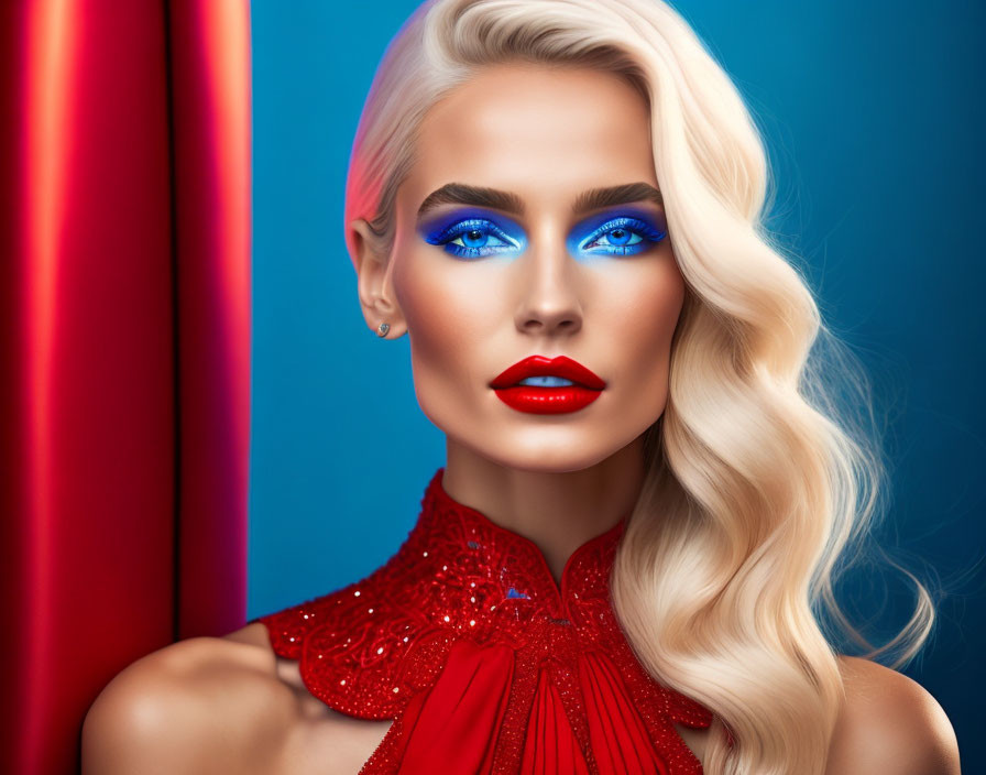 Bold Blue Eyeshadow and Red Lipstick on Woman in Red Sequined Outfit