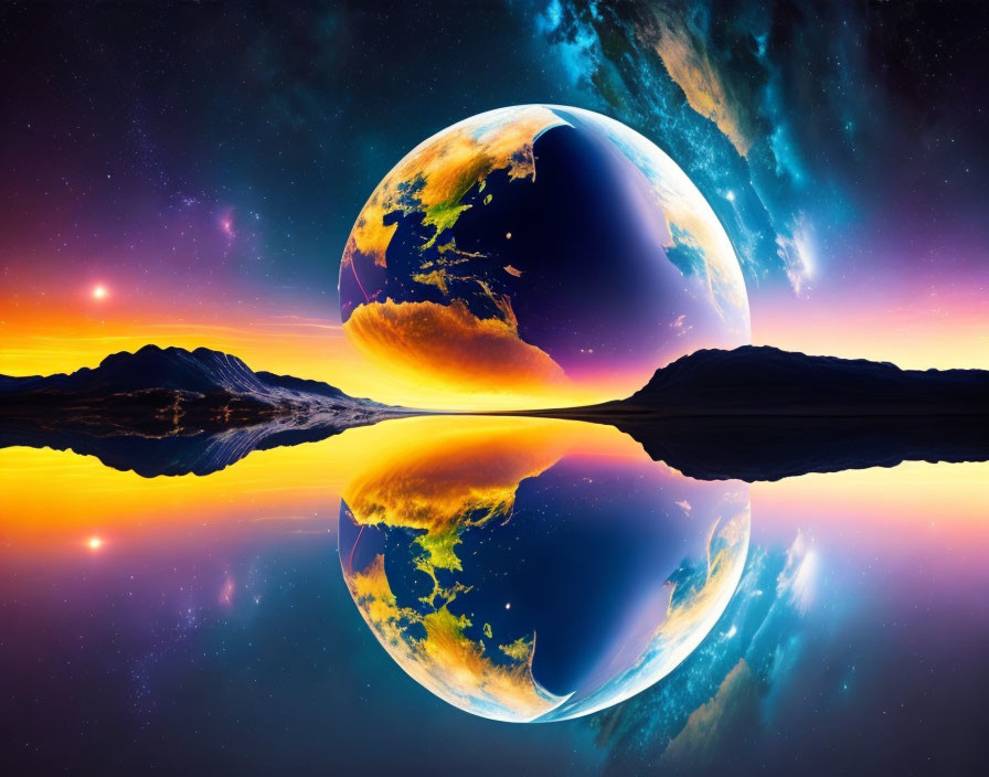 Surreal landscape with Earth-like planet reflected in still water under starry sky.