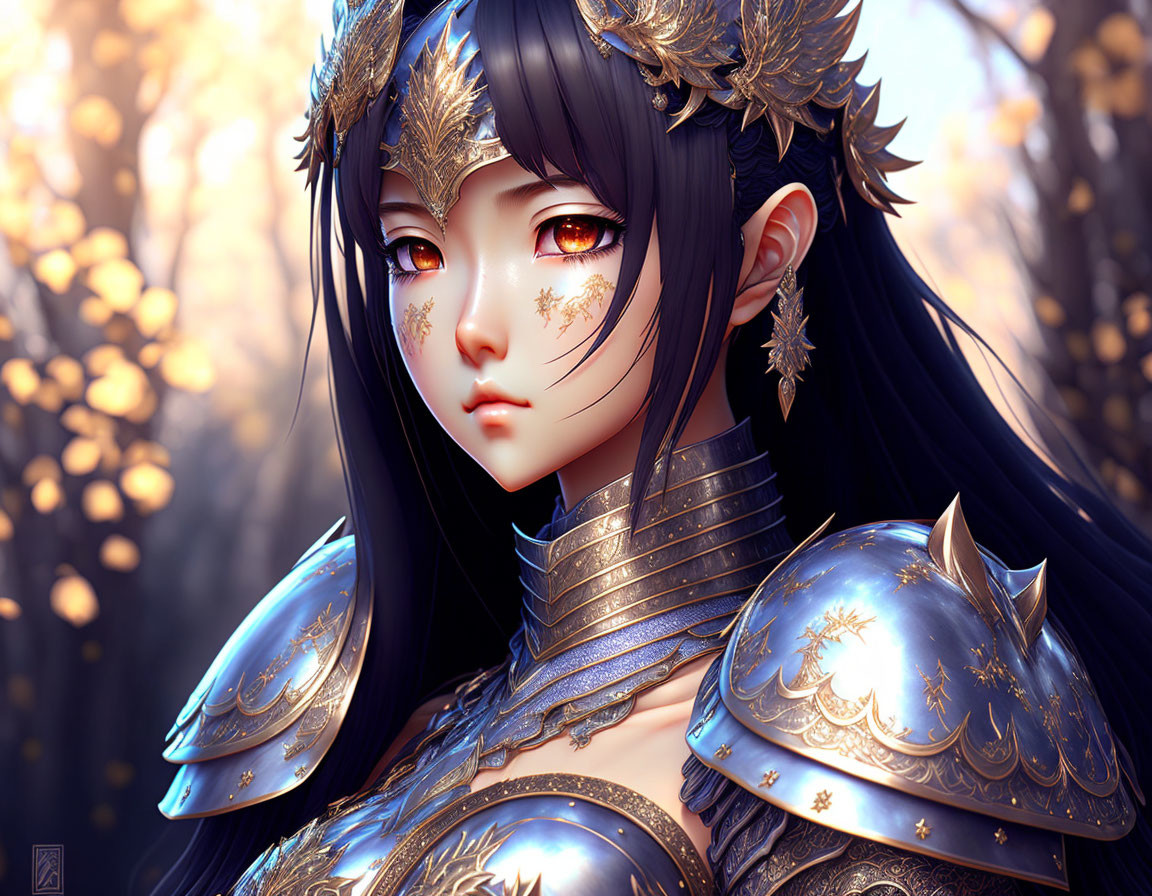 Illustrated female warrior in blue and gold armor with long black hair and golden eyes in serene setting