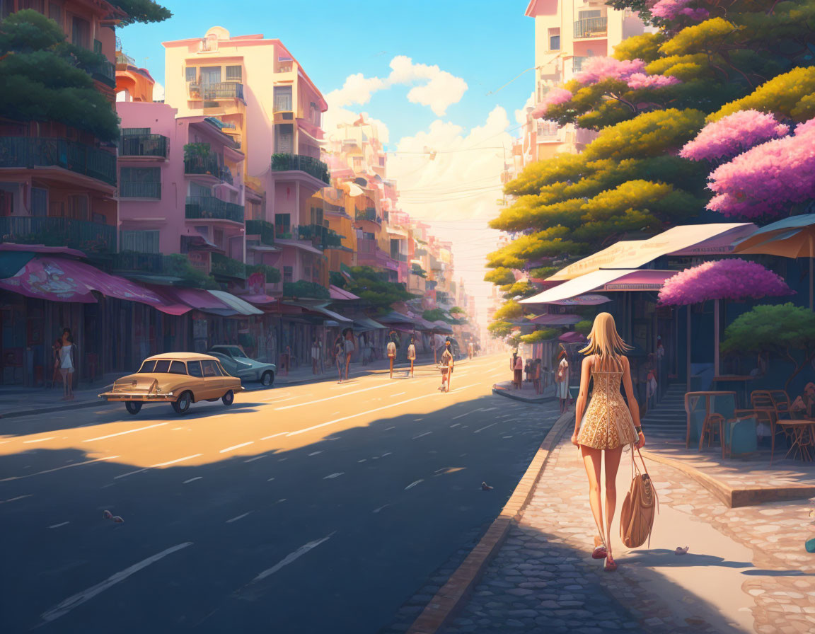 Woman walking down sunlit street lined with blossoming trees and buildings, cars and pedestrians nearby.