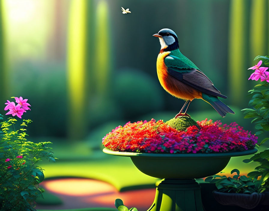 Colorful Bird Perched on Flowerpot Amid Vibrant Flowers