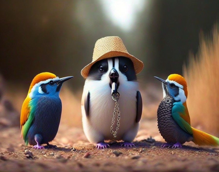 Penguin in Straw Hat and Monocle with Colorful Birds conversing outdoors