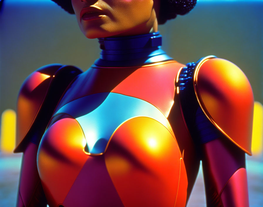 Colorful futuristic female figure in glossy armor suit with neon-lit background