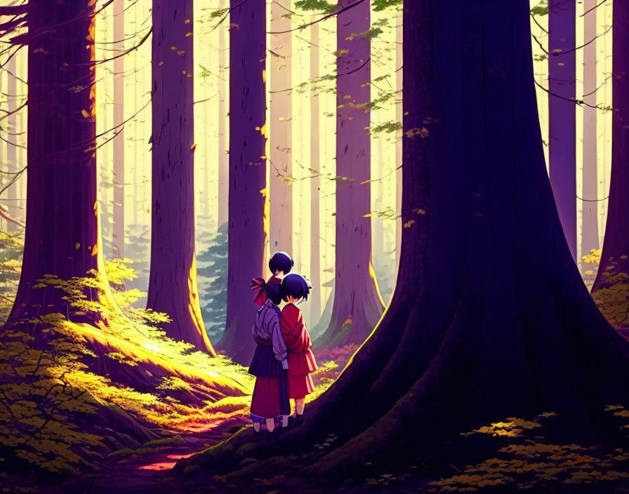 Sunlit forest scene with two animated characters standing among towering trees