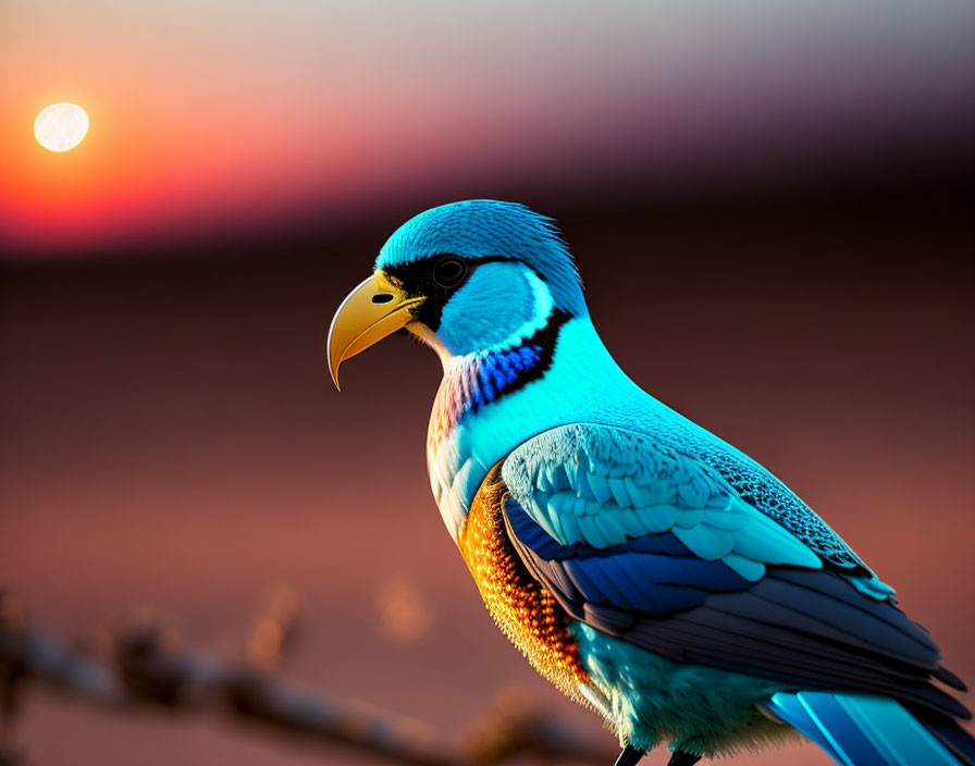 Vibrant bird with blue and teal feathers on branch at sunset