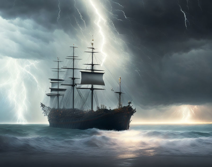 Tall ship sailing through stormy seas with lightning bolts in dark skies