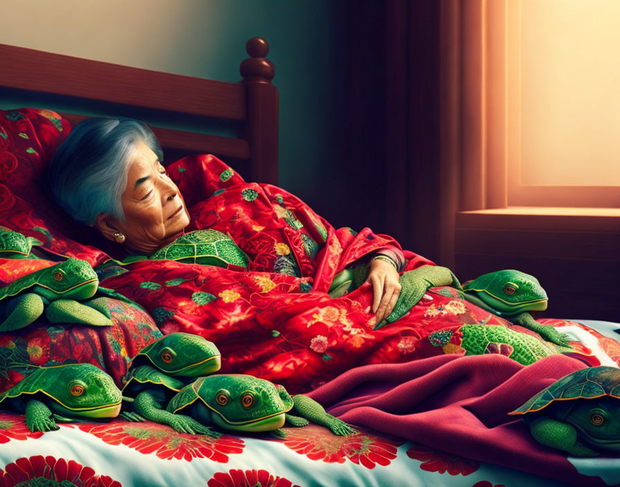 Elderly woman peacefully sleeps with seven chameleons in warm sunlight