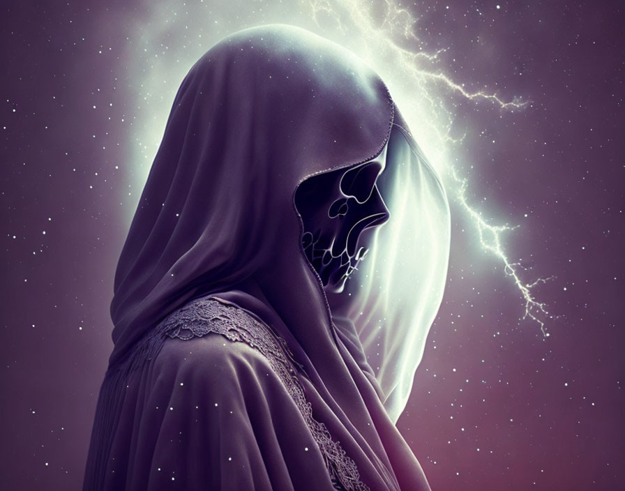 Cloaked figure with skull face in nebulous backdrop with lightning.