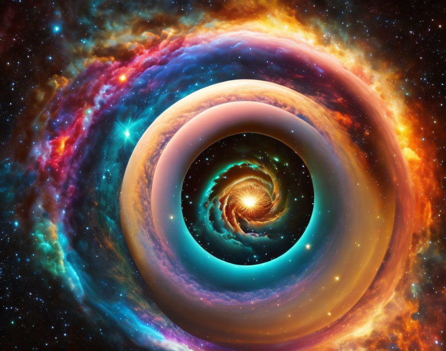 Colorful fractal spiral resembling galaxy with blues, reds, and yellows.