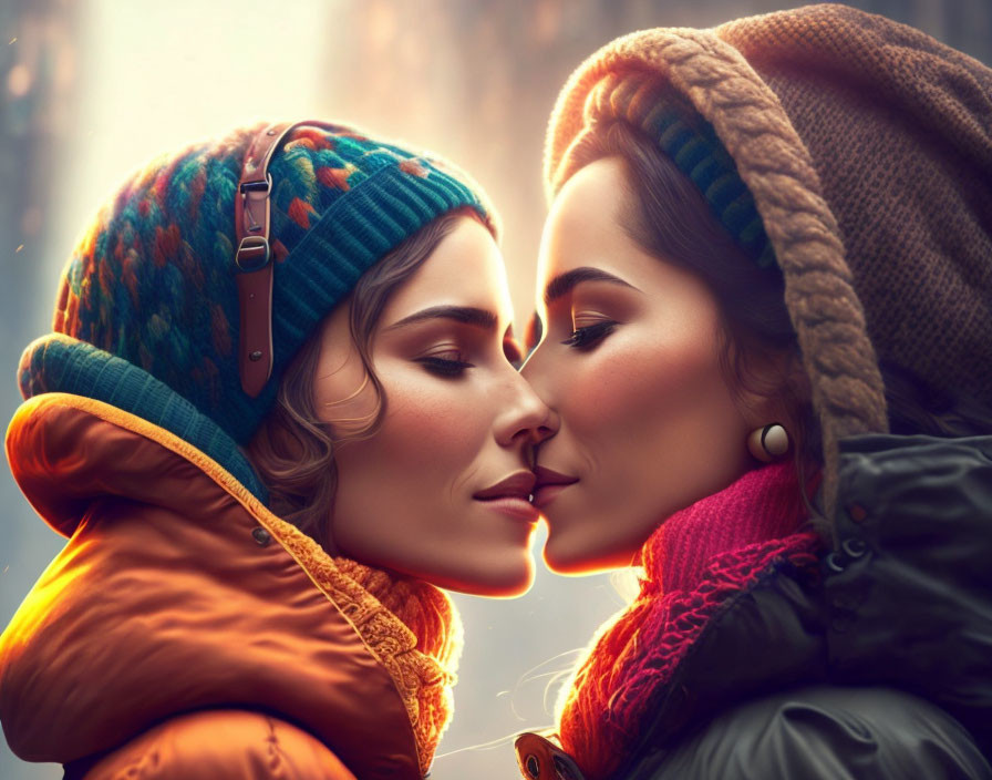 Two women in winter attire touching noses affectionately with warm backlighting.