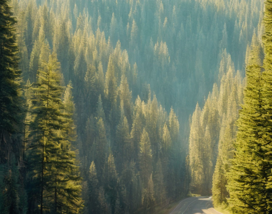 Scenic aerial view of winding road in dense forest