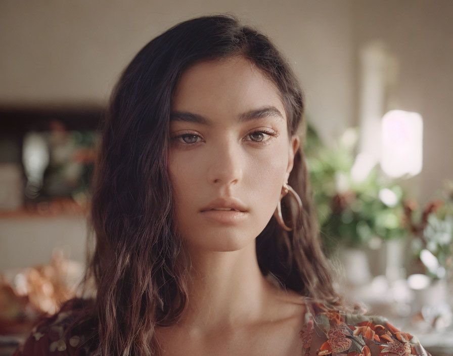 Woman with Dark Wavy Hair and Hoop Earrings in Softly Lit Room