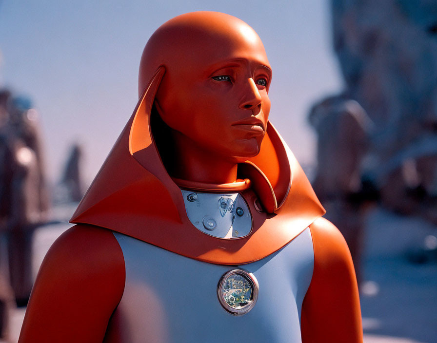 Orange-headed humanoid robot in cape and suit with mechanical details.