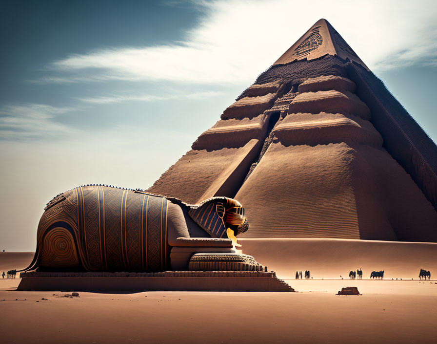 Colossal Sphinx statue and pyramid in vast desert scene