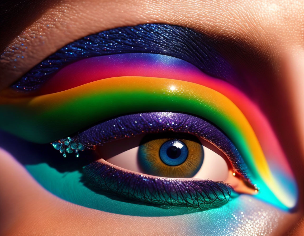 Vibrant Rainbow Eye Makeup with Glitter Details and Blue Eye