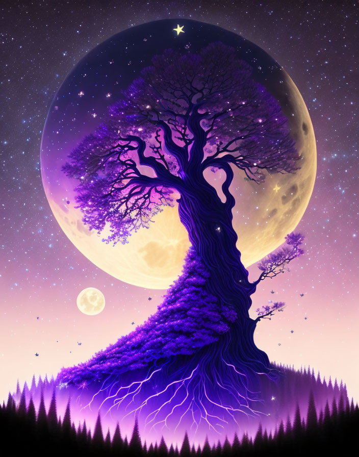 Surreal artwork: massive purple tree in starscape with moons