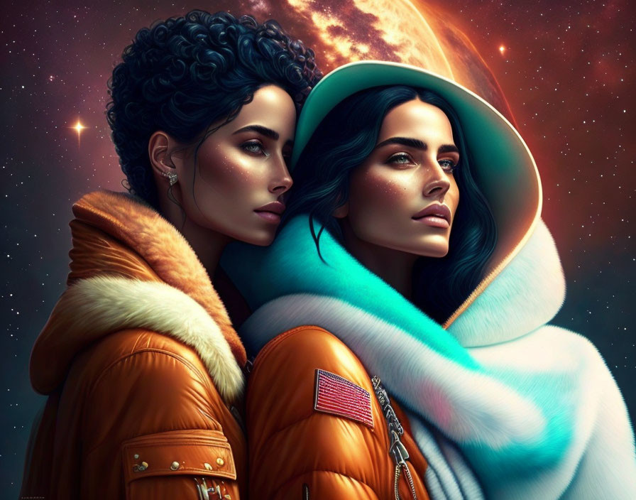 Stylized women in orange and blue attire under starry sky