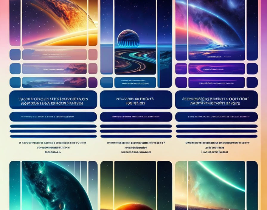 Eight space-themed mobile wallpapers with celestial bodies and text placeholders.