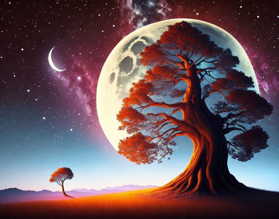 Large tree with red leaves under night sky with moons and stars.