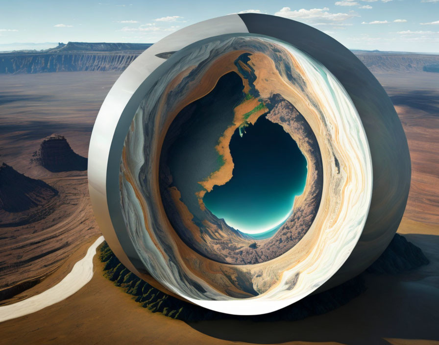 Desert landscape with central water body in spherical panorama