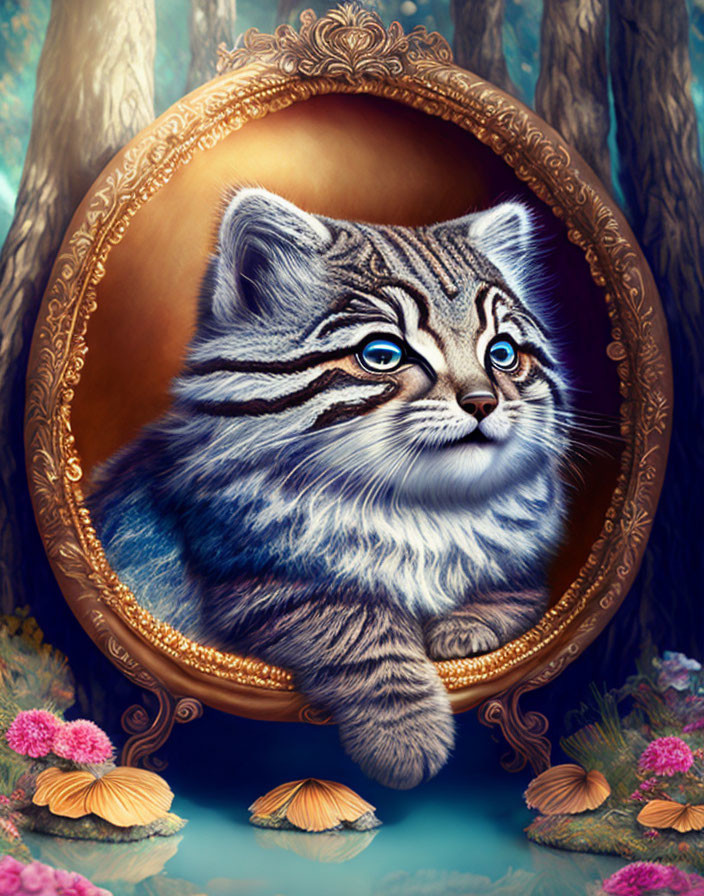 Whimsical blue-eyed kitten in golden oval frame in enchanted forest with vibrant flowers