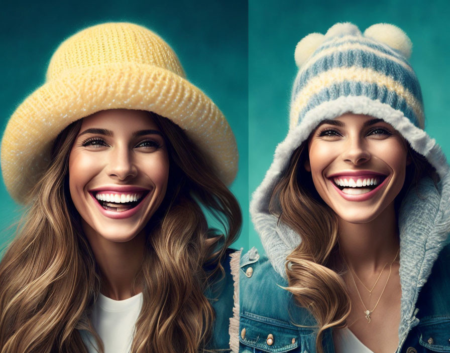 Split image: Woman in yellow and blue/white hats smiling against teal background