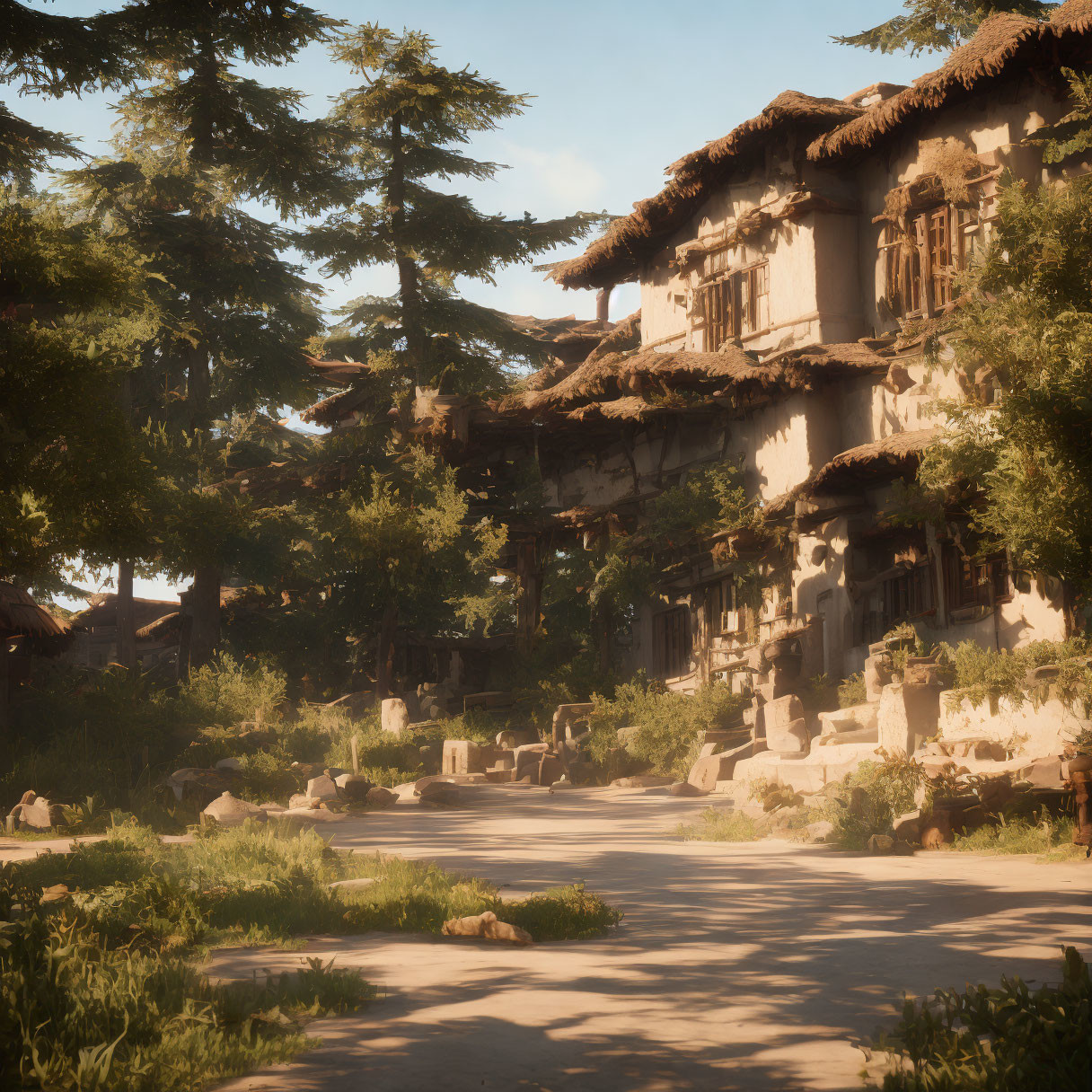 Traditional houses on serene village street under warm sunlight