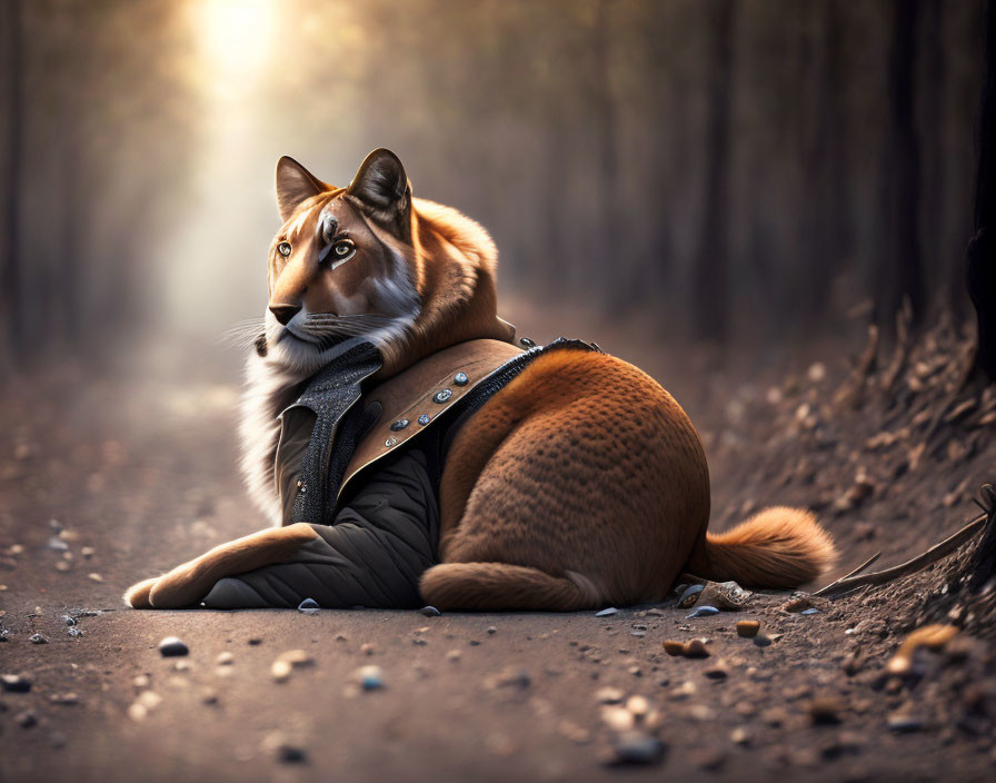 Surreal image: human body in jacket, tiger head, forest path, sunlight rays