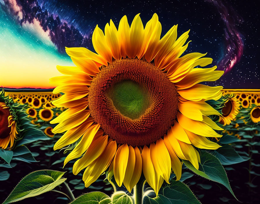 Close-up Sunflower in Vibrant Field with Surreal Sky Blend