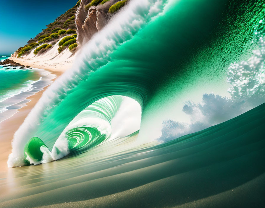 Dynamic Green Wave Arching on Sunny Beach