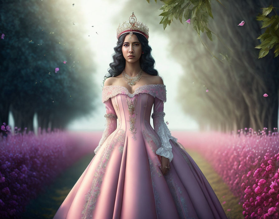 Regal woman in pink gown and crown in garden with butterflies