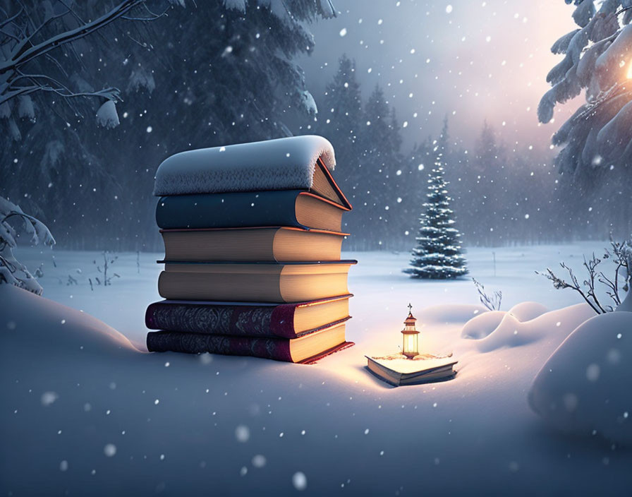 Stack of Books in Snowy Landscape at Dusk with Lantern