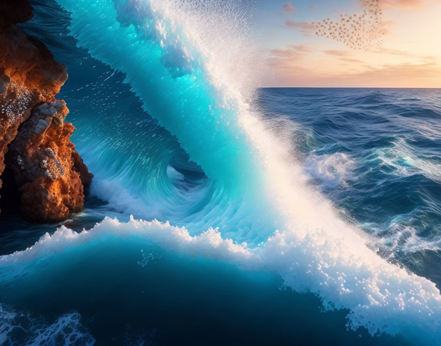 Turquoise wave crashing against rocky cliff under warm sun