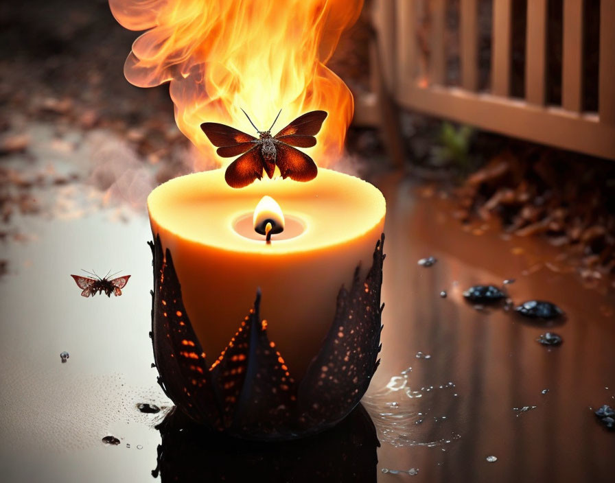 Candle with butterfly-shaped flame and real butterflies on wet surface