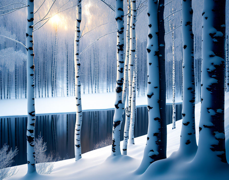 Snow-covered birch forest in soft sunlight and misty ambiance